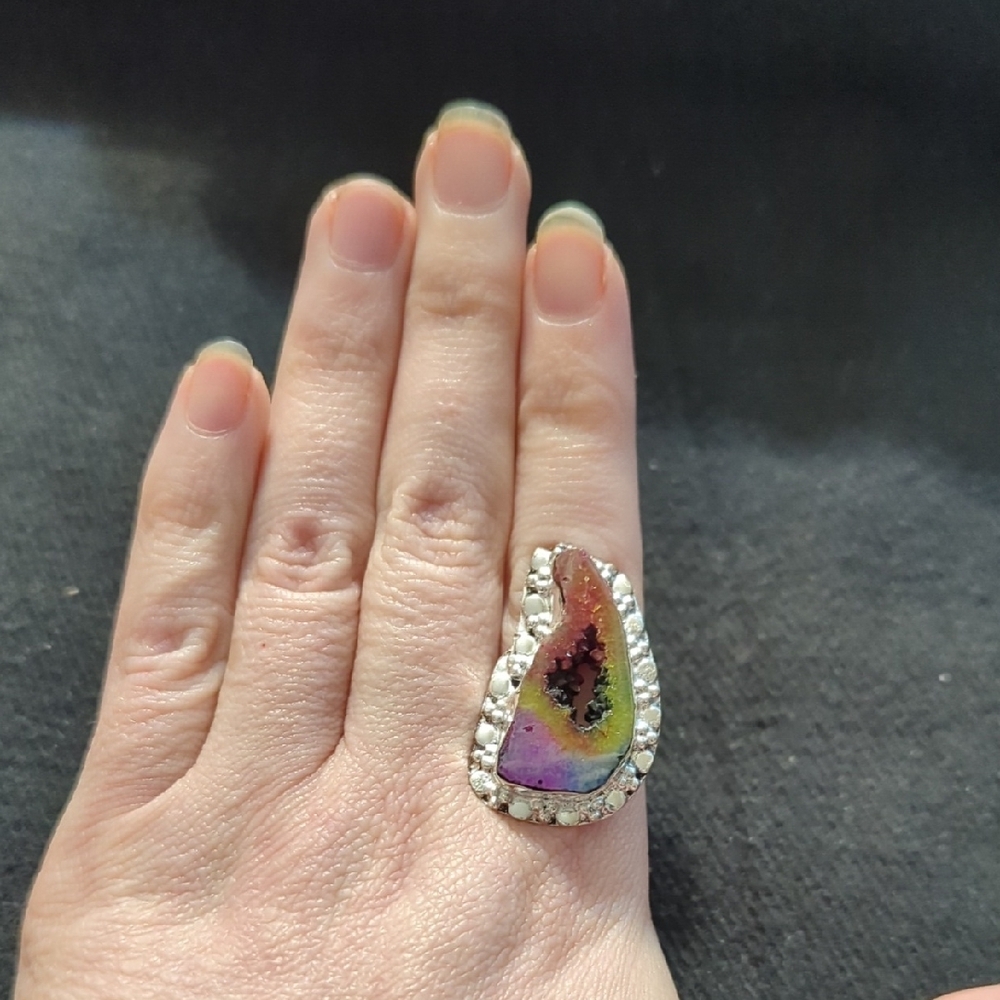 Silver Plated Rainbow Solar Quartz Druzy Gemstone Statement Ring - Size 8.5 - Picture 4 of 9